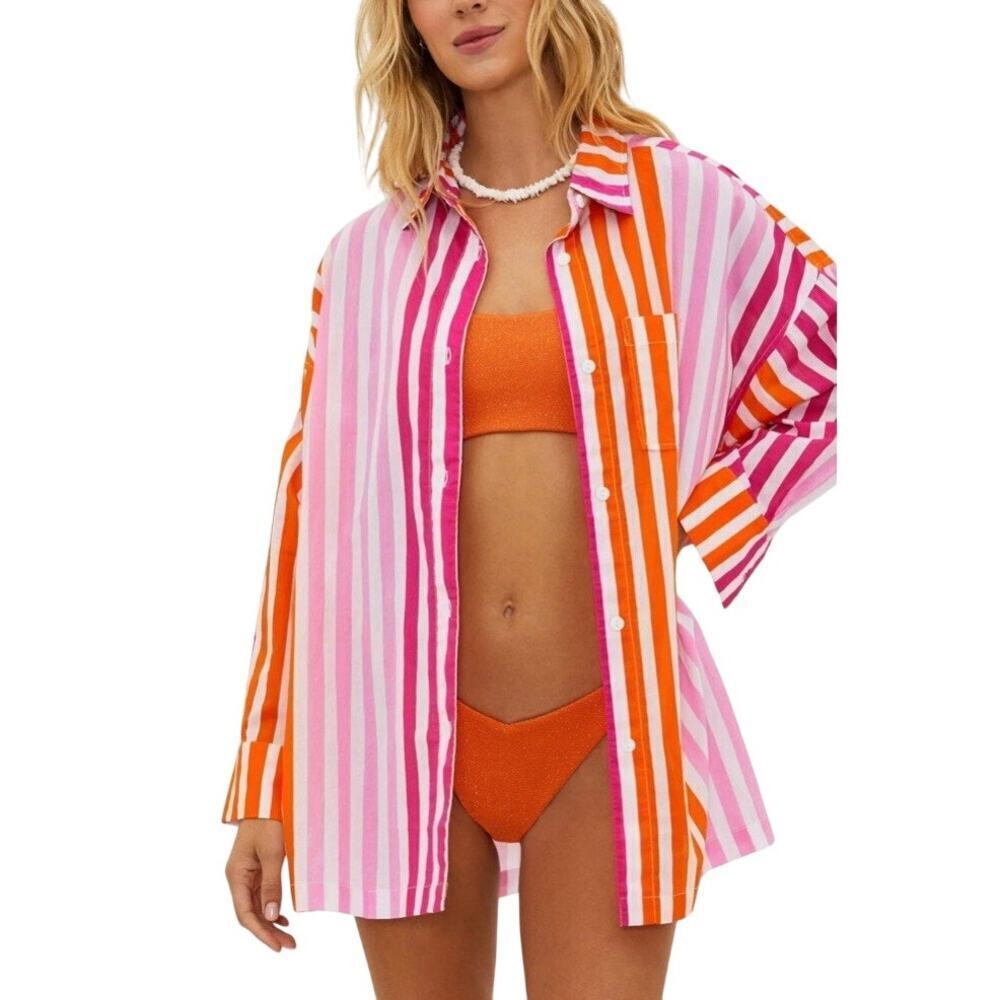 Beach Riot Alexa Sunset Stripes Button Down Shirt/Coverup size PL